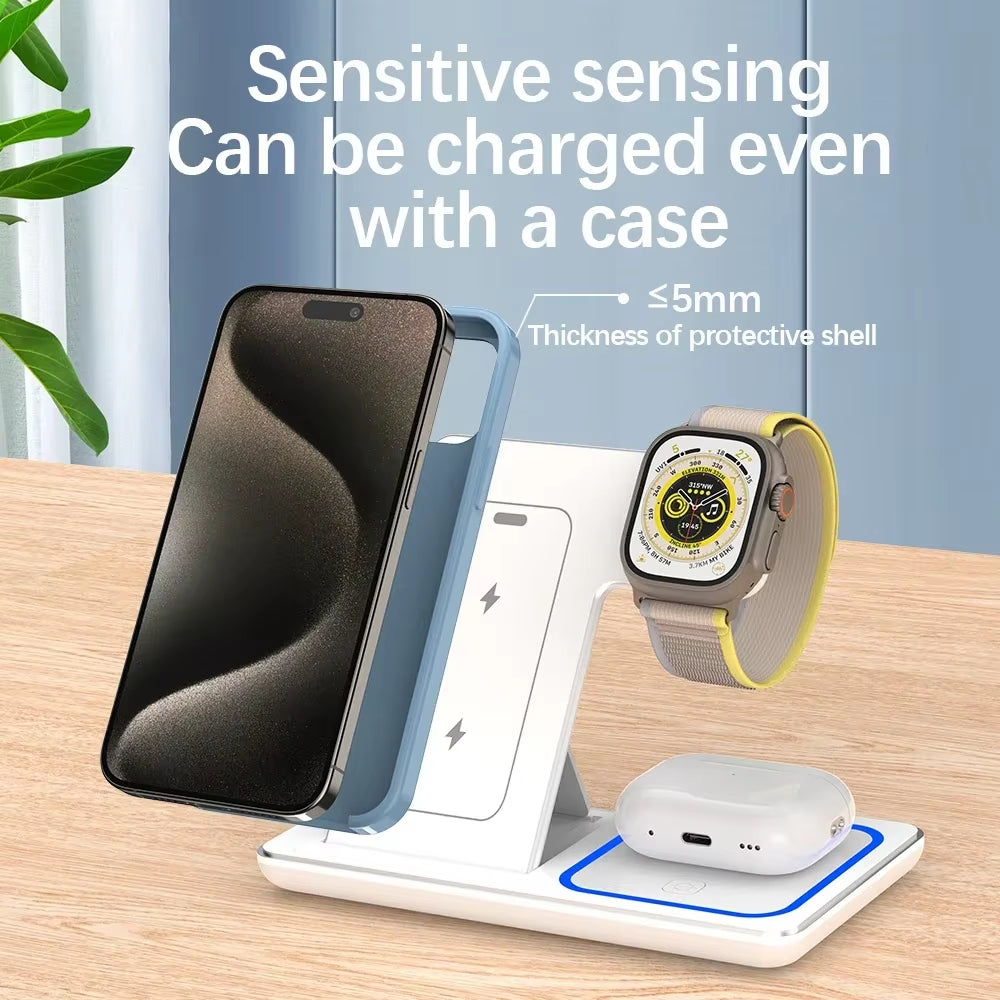 30W LED Fast Wireless Charger Stand 3 in 1 Foldable Charging Station for Iphone 16 15 14 13 12 Apple Watch 9 8 7 6 5 Airpods Pro