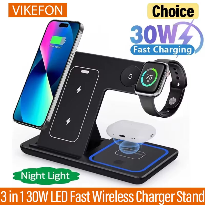 30W LED Fast Wireless Charger Stand 3 in 1 Foldable Charging Station for Iphone 16 15 14 13 12 Apple Watch 9 8 7 6 5 Airpods Pro