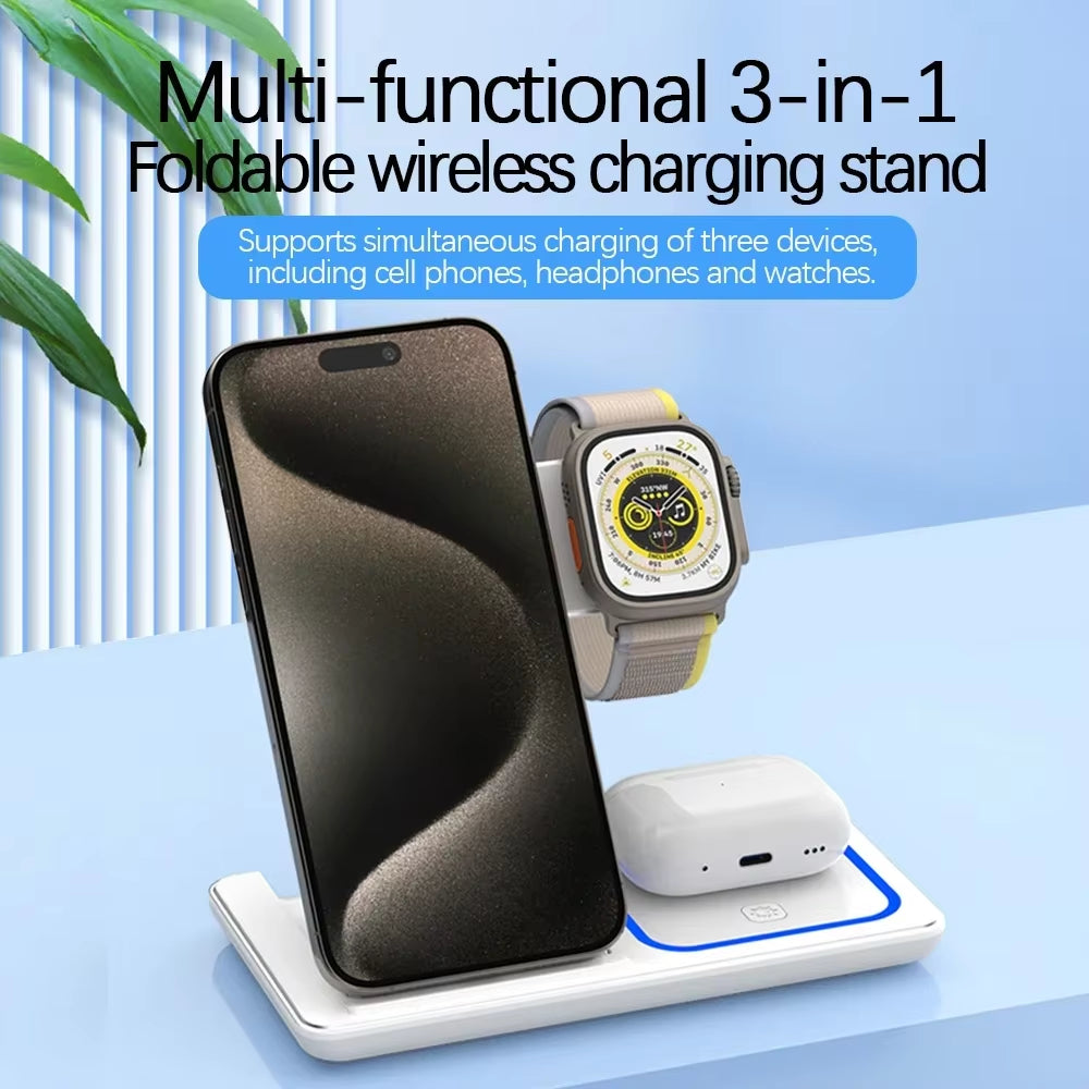30W LED Fast Wireless Charger Stand 3 in 1 Foldable Charging Station for Iphone 16 15 14 13 12 Apple Watch 9 8 7 6 5 Airpods Pro
